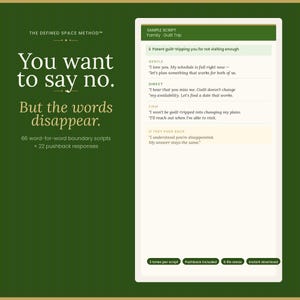May include: A digital product with a green and white design. The text reads "You want to say no. But the words disappear." It includes scripts and responses for managing difficult conversations. The product offers 66 scripts and 22 pushback responses.