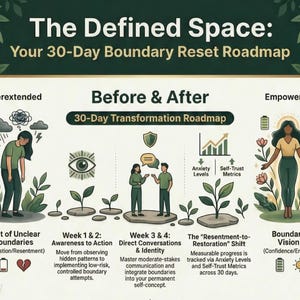 May include: A diagram titled "The Defined Space: Your 30-Day Boundary Reset Roadmap." It outlines a 30-day transformation, with sections on "Overextended," "Before & After," and "Empowered." The graphic includes illustrations and text detailing each stage.