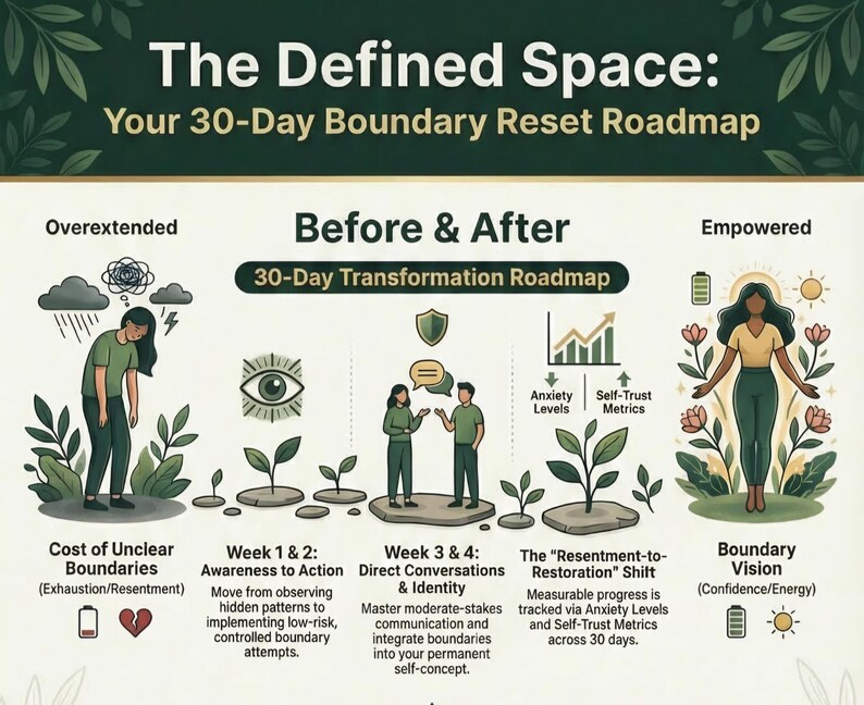 May include: A diagram titled "The Defined Space: Your 30-Day Boundary Reset Roadmap." It outlines a 30-day transformation, with sections on "Overextended," "Before & After," and "Empowered." The graphic includes illustrations and text detailing each stage.