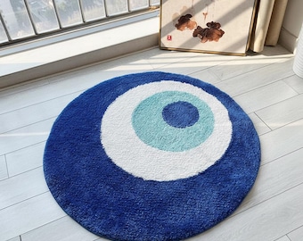 Rond vloerkleed boze oog | Pluizige blauwe vloermat | Turks beschermingsdecor