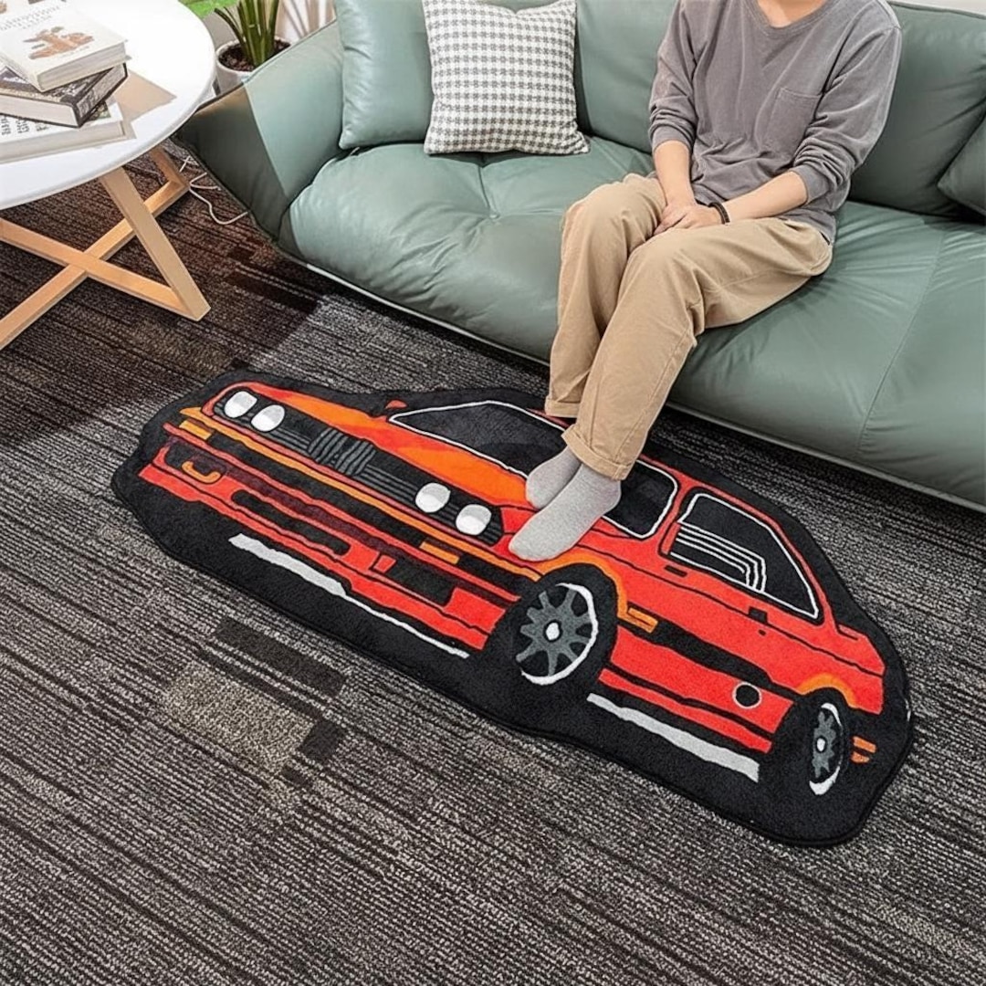 E30 Car Shaped Rug | Red Sports Car Mat | Classic Vehicle Floor Decor ...