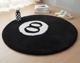 8-ball vloerkleed | Zwart getuft rond vloerkleed | Vloermat speelkamerdecoratie