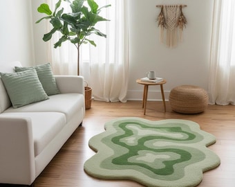 Gegolfd organisch groen vloerkleed | Abstract getuft vloerkleed | Moderne woonkamerinrichting