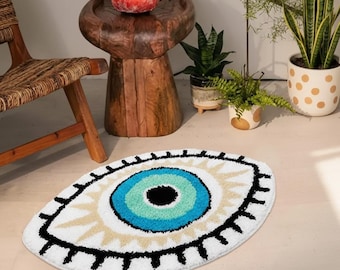 Getuft vloerkleed boze oog | Blauwwitte badmat | Boho-vloerdecoratie
