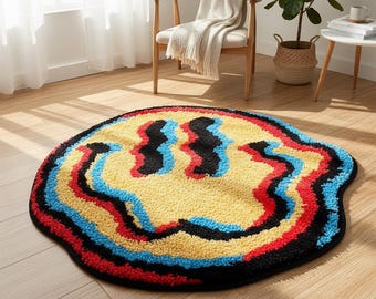 Glitch smiley face vloerkleed | Trippy getuft vloerkleed | Indiekamerdecoratie
