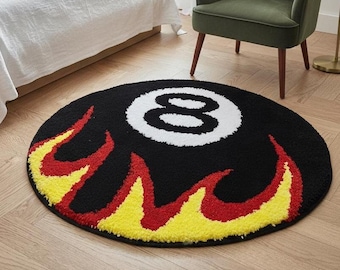 Vloerkleed 8-ball vlammen | Getufte biljartbalmat | Retro gameroomdecoratie