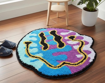 Smeltend vloerkleed met smileygezicht | Psychedelische getufte vloermat | Groovy retrodecor