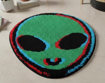 Getuft vloerkleed cartoon gezicht | Groene abstracte shaggy vloermat