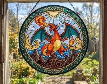 Charizard P0kemon Gen1 Glass Suncatcher, Handmade P0kemon Suncatcher For Fans, Fire Dragon Charizard Decor, Anime P0kemon Lover Gift 02