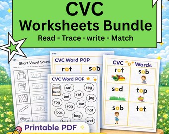 CVC Worksheets Bundle | Short Vowel Activities | Read Trace Write Match | Preschool and Kindergarten Printable