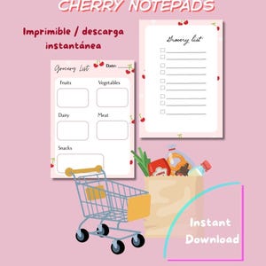 Puede incluir: Dos blocs de notas imprimibles para la lista de la compra con estampado de cerezas sobre fondo rosa claro. Uno tiene secciones para frutas, verduras, lácteos, carne y aperitivos. El otro es una lista rayada. Incluye un carrito y una bolsa de compra.