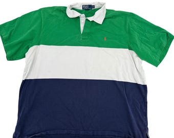 VTG Polo Ralph Lauren Mens XXL Rugby Shirt Short Sleeve Colorblock Gren/wht/Navy