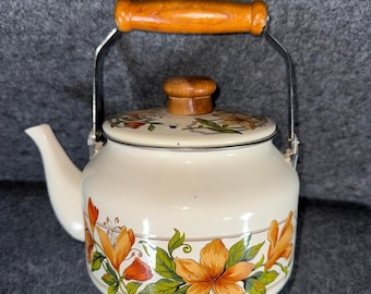 Vintage Floral Enamel Teapot Kettle Wood Handle Japan Hazel Atlas Style Rustic