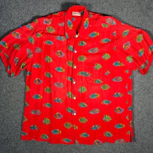 Brioni Sport Mens Red Silk Tropical Fish Print Short Sleeve Button DownShirt 2XL