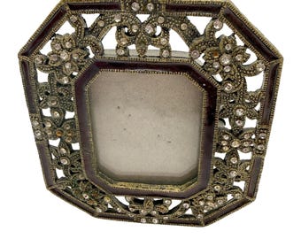 Cornice portafoto in miniatura ottagonale in ottone con filigrana di strass e smalto, stile vintage.