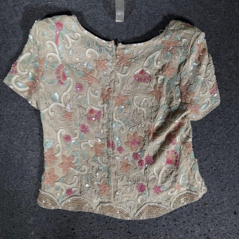 Adrianna Papell - Top de noche de seda con cuentas y flores, color rosa, melocotón, salvia, P12, vintage imagen 4