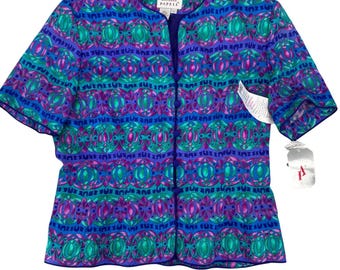 Bluzka jedwabna Adrianna Papell w kolorze vintage blue teal magenta z geometrycznym nadrukiem NWT rozmiar 12