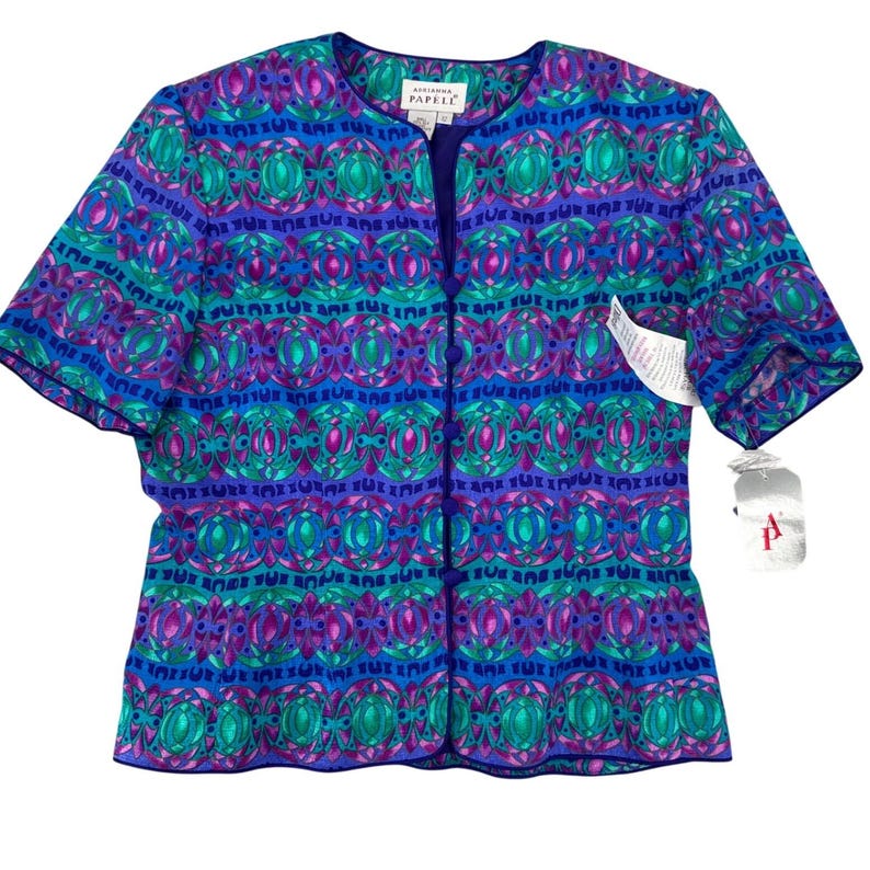 Adrianna Papell Silk Blouse Vintage Blue Teal Magenta Geometric Print NWT Sz 12 image 1