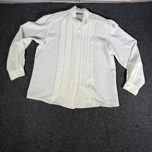 Blusa vintage Yves St. Clair color marfil con pliegues frontales y botones ocultos, talla 12 (Corea)