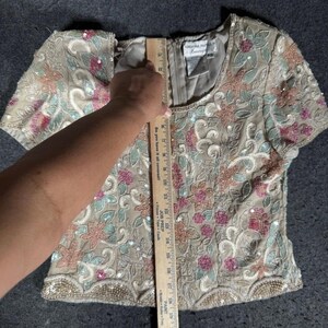Adrianna Papell - Top de noche de seda con cuentas y flores, color rosa, melocotón, salvia, P12, vintage imagen 6