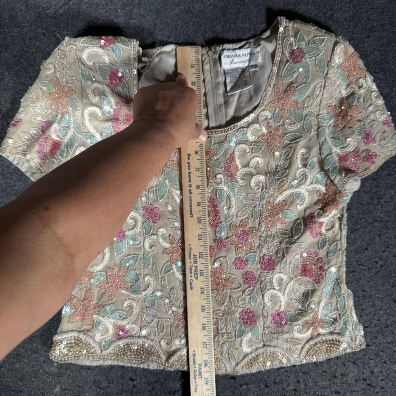 Adrianna Papell - Top de noche de seda con cuentas y flores, color rosa, melocotón, salvia, P12, vintage imagen 6