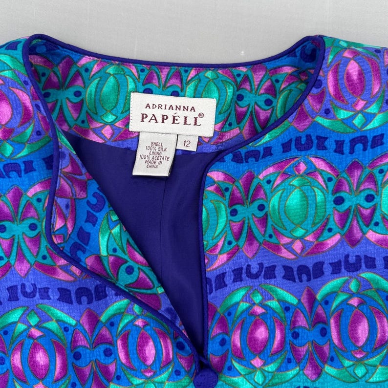 Adrianna Papell Silk Blouse Vintage Blue Teal Magenta Geometric Print NWT Sz 12 image 2