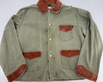 Giacca da lavoro da uomo VTG LAPCO in tela verde oliva con finiture in velluto a coste, taglia L, prodotta negli Stati Uniti.