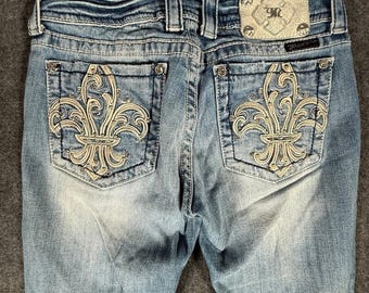 Miss Me Bootcut Jeans Women 28x27 Med Wash Fleur De Lis Studded Y2K Low Rise **