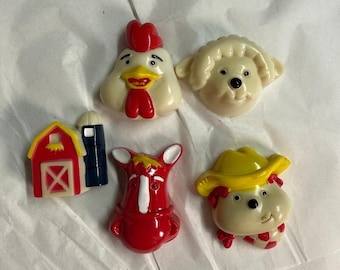 Juego de 5 imanes para refrigerador de animales de granja vintage de los años 80: granero, pollo, oveja y caballo.