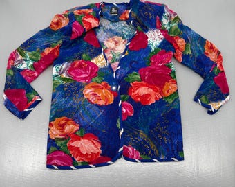 Ali Miles Petites Vintage Floral Blazer Jacket Blue Pink Rose Print Size 6 USA
