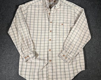 Camisa de hombre The Territory Ahead, talla L, de algodón texturizado con botones y estampado de cuadrícula, color beige.