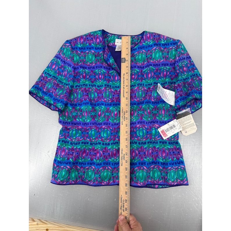 Adrianna Papell Silk Blouse Vintage Blue Teal Magenta Geometric Print NWT Sz 12 image 9