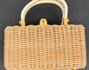 Borsa a mano vintage in vimini color cuoio con dettagli dorati e manico superiore, borsa a scatola Hong Kong