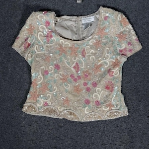 Adrianna Papell - Top de noche de seda con cuentas y flores, color rosa, melocotón, salvia, P12, vintage imagen 1