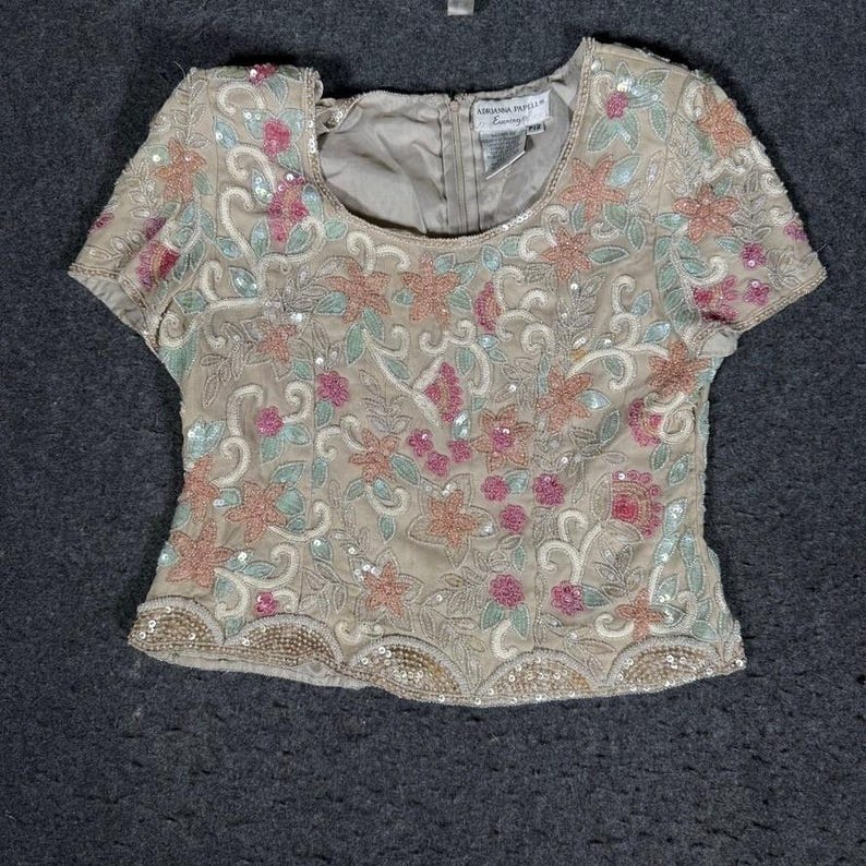 Adrianna Papell - Top de noche de seda con cuentas y flores, color rosa, melocotón, salvia, P12, vintage imagen 1
