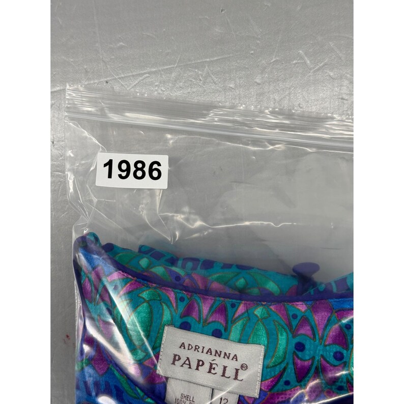 Adrianna Papell Silk Blouse Vintage Blue Teal Magenta Geometric Print NWT Sz 12 image 7