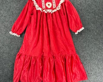Camisón vintage de nailon rojo para niñas con apliques de corazón de encaje, 2T, fabricado en EE. UU.