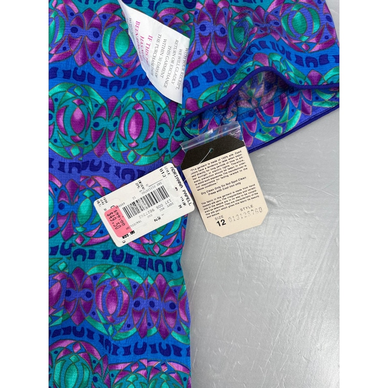 Adrianna Papell Silk Blouse Vintage Blue Teal Magenta Geometric Print NWT Sz 12 image 4