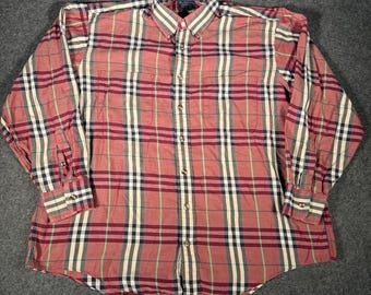 Burberrys Vintage Herr XL Nova Rutig Plädskjorta Röd Bomull Tillverkad i USA