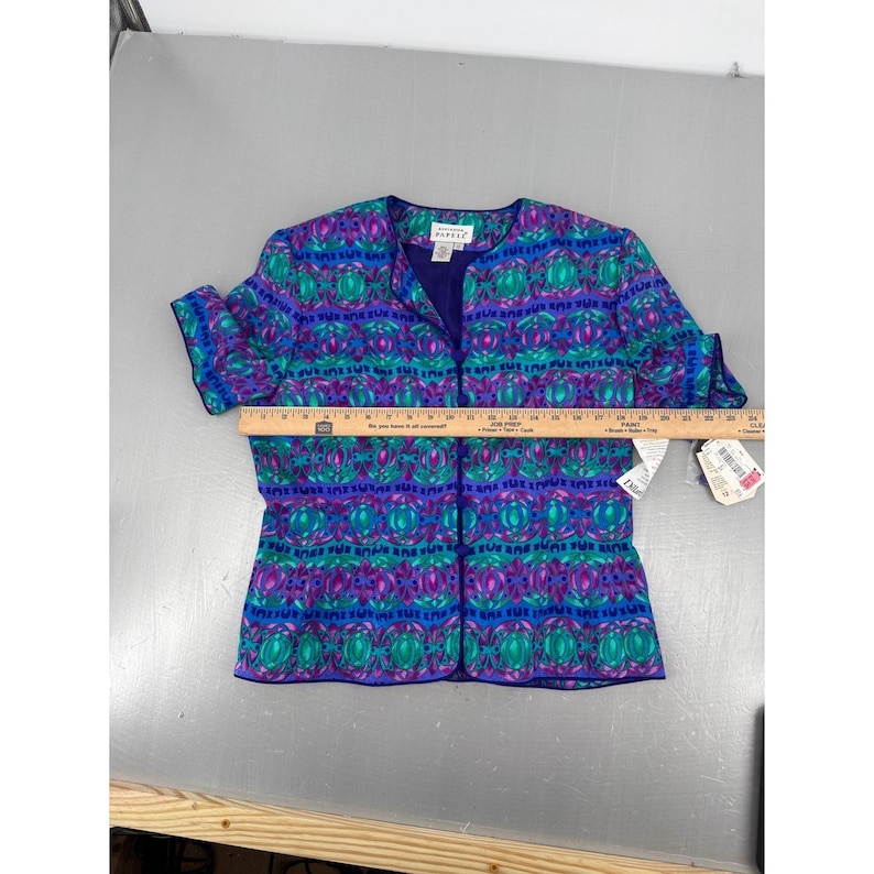 Adrianna Papell Silk Blouse Vintage Blue Teal Magenta Geometric Print NWT Sz 12 image 8