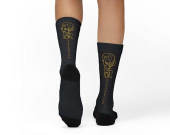 Schwarze Kniestrümpfe mit Gold Atlas Graphik von Dark Luxury Apparel