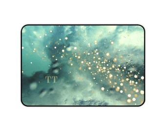 Patina Blaue Schreibtischmatte – Himmlisches Gold Bokeh, Ethereal Teal Mauspad