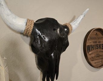 Hand Painted Black Bison Skull Wall Decor – Minimalist Western Lodge Art
