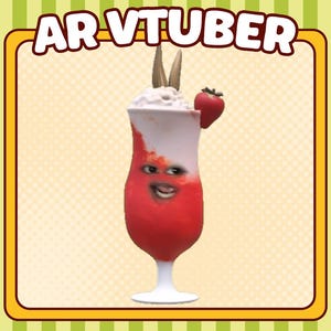 Peut inclure: Image de milkshake de dessin animé avec un visage, une fraise et des gaufrettes, avec le texte "AR VTUBER" en haut. Le milkshake est rouge et blanc, avec un visage souriant. Le fond est jaune avec une bordure verte.