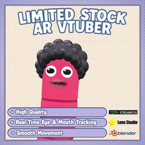 May include: A pink, cartoon-like character with large white eyes, a small mouth, and black curly hair. The image has the text "LIMITED STOCK AR VTUBER" at the top. Additional text includes "High Quality", "Real-Time Eye & Mouth Tracking", and "Smooth Movement".