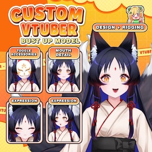 May include: An advertisement for custom VTuber bust-up models, featuring an anime-style character with black hair and fox ears. The image includes text such as "Custom VTuber," "Bust Up Model," and "Design + Rigging." Various expression options are shown.