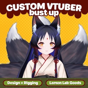 Könnte beinhalten: Digitale Illustration eines individuellen VTuber-Bust-ups mit Fuchsohren und mehreren Schwänzen. Die Figur hat schwarzes Haar, orangefarbene Augen und trägt einen weißen Kimono. Der Text oben lautet "CUSTOM VTUBER bust up". Darunter stehen die Worte "Design + Rigging" und "Lemon Lab Goods".