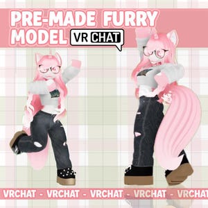 May include: A digital illustration of a pink furry model with a unicorn horn, glasses, and a long, fluffy tail. The model is wearing a white top, ripped black jeans, and platform shoes. Text reads "PRE-MADE FURRY MODEL VR CHAT".