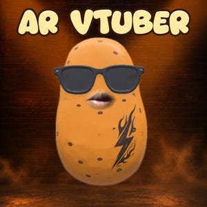May include: A tan potato character with dark brown spots, wearing black sunglasses and featuring a black lightning bolt tattoo on its side. The potato has human-like lips and the text AR VTUBER is displayed in large, light-colored bubble letters above.