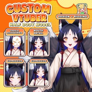 May include: An advertisement for a custom VTuber half-body model. The image shows an anime-style character with black hair, fox ears, and a traditional Japanese outfit. Text includes "CUSTOM VTUBER," "HALF BODY MODEL," and "DESIGN + RIGGING."